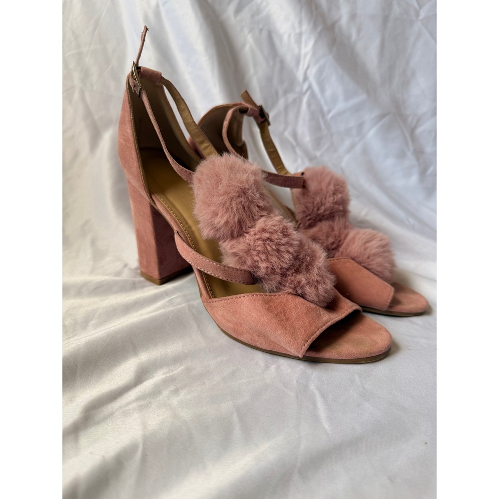 Pink Faux Suede Pom Pom Block Heel Sandals Size 8 Ankle Strap Strappy Heels